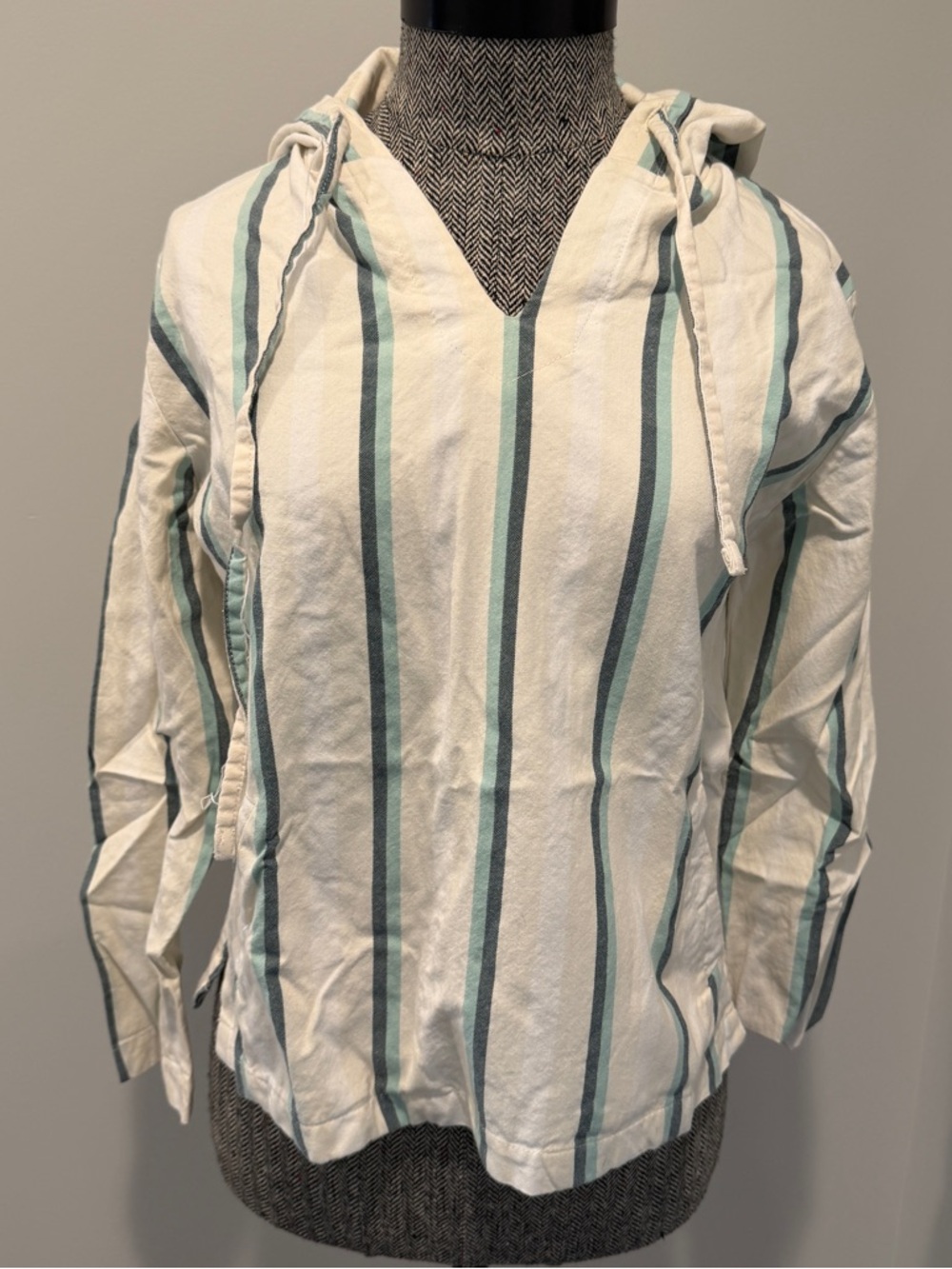 Striped Hooded Pullover in White and Teal